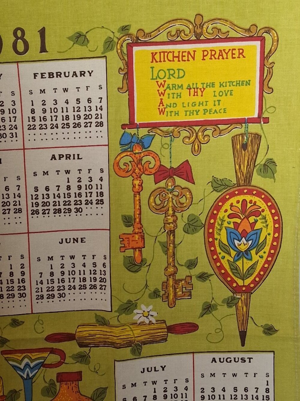 Vintage MCM Linen Kitchen Dish Tea 1981 CALENDAR TOWEL Prayer Keys Flower Pots